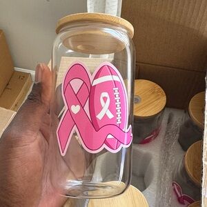 Clear Glass Jar with Pink Breast Cancer Ribbon Sticker and Bamboo Lid